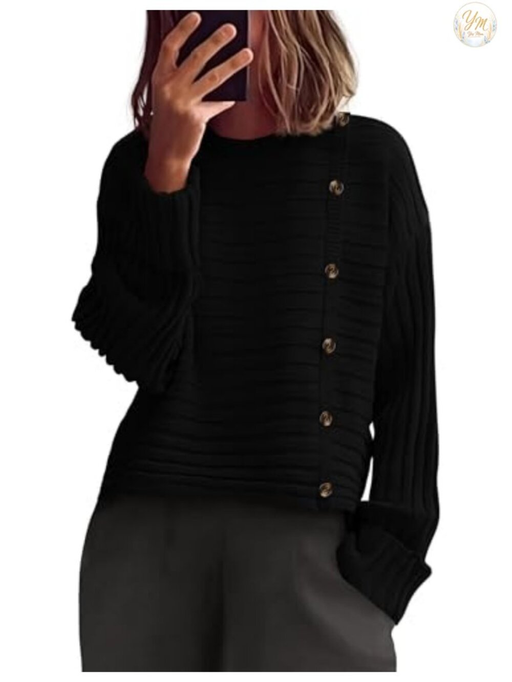 Women's Asymmetric Button Long Sleeve Knit Pullover Chunky Sweater